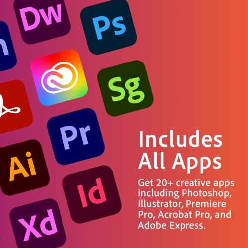 Icons of Adobe Creative Cloud apps with text promoting 20+ creative apps including Photoshop, Illustrator, and more.