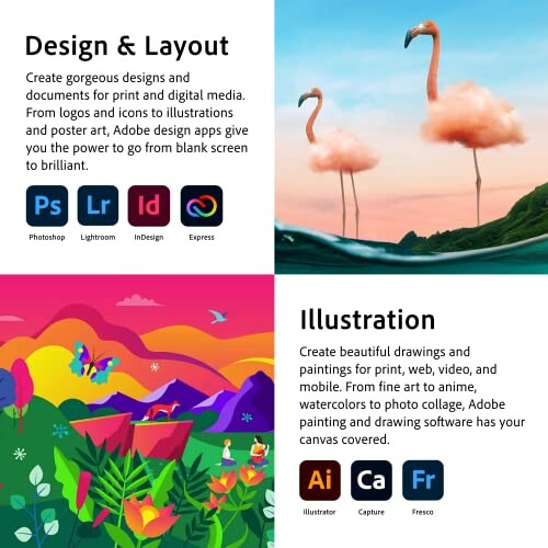 Adobe design and illustration tools poster with flamingos and colorful landscape.