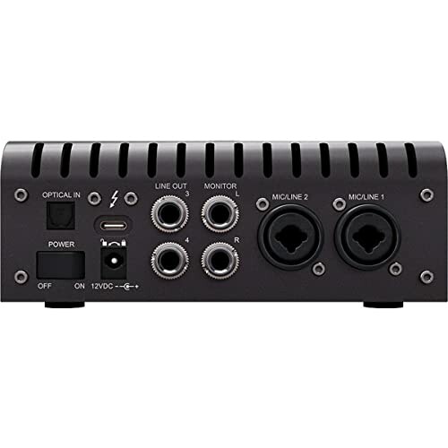 Back panel of an audio interface with various input and output ports