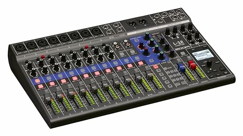 Audio mixer console with multiple channels and controls