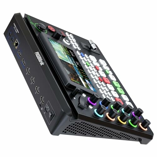 Audio mixer console with colorful knobs and screen