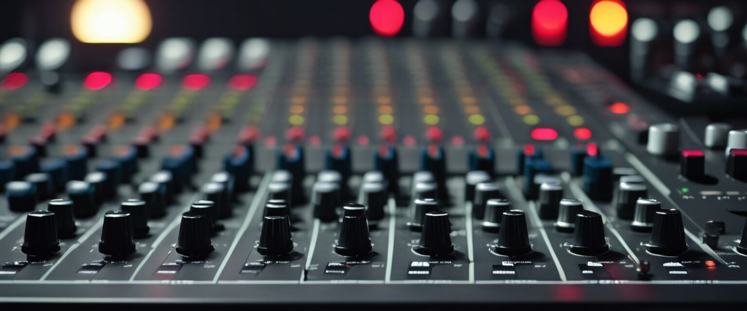 Close-up view of audio mixer in use