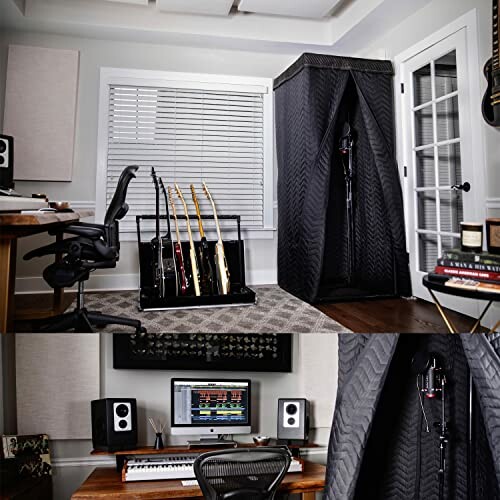 Home recording studio with guitars, sound booth, and computer setup.