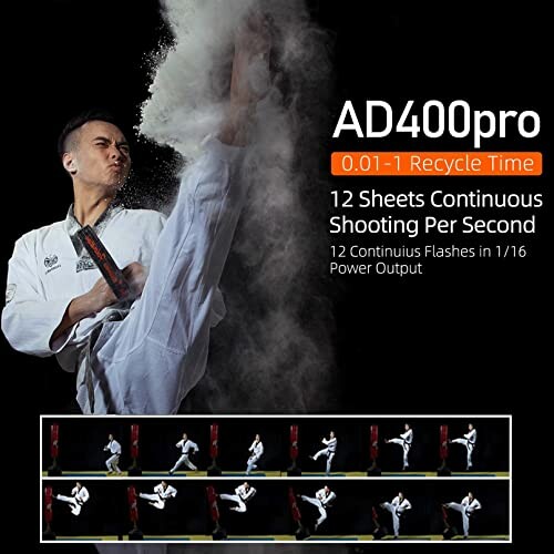 Martial artist performing a high kick with dust effect, demonstrating AD400pro speed and power.