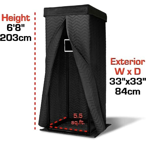 Portable sound booth with dimensions and height.