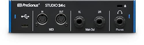 PreSonus Studio 24c audio interface front panel with MIDI and audio inputs