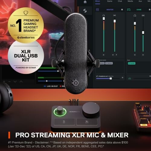 Pro streaming XLR mic and mixer with SteelSeries branding.