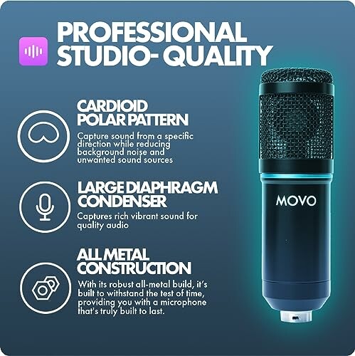 Professional studio-quality microphone features cardiod polar pattern, large diaphragm condenser, and all metal construction.