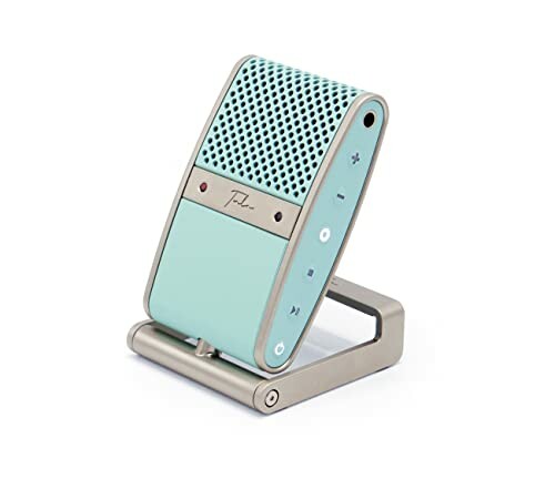 Retro-style portable microphone with teal and silver design.