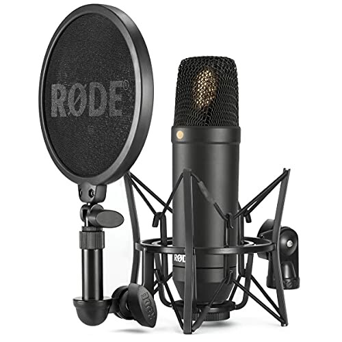 Microphone shock mount with pop filter attached.