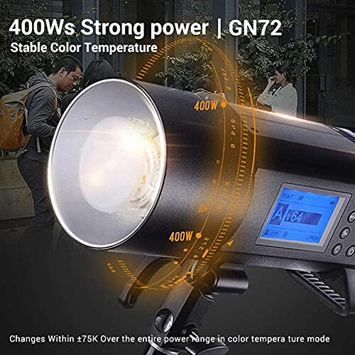 Studio light with 400Ws power and GN72 rating, featuring a digital display and stable color temperature.