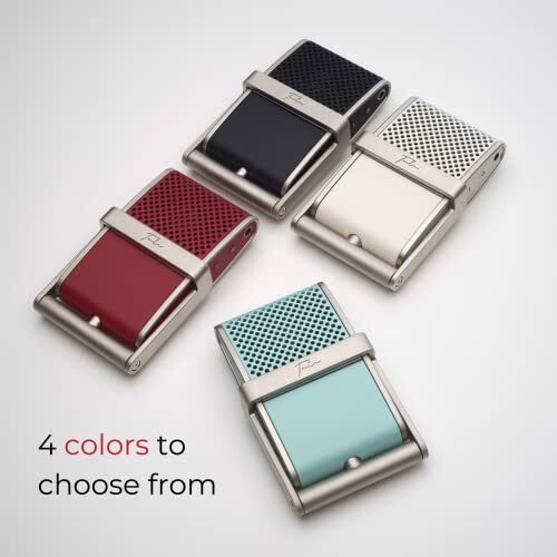 Four stylish wallets in black, red, white, and teal.