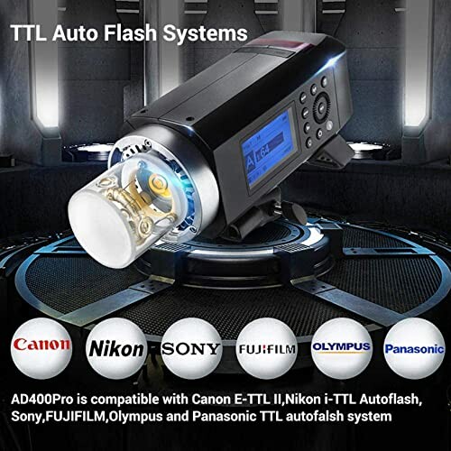 TTL Auto Flash Systems with compatible camera brands logos.