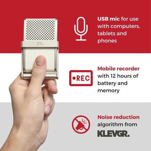 USB mic for computers, tablets, phones; mobile recorder with 12-hour battery; noise reduction algorithm.